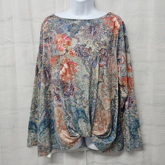 Time and Tru Blue Orange Floral Twisted Bottom Tee Floral Boho Studded 2XL - Picture 1 of 13